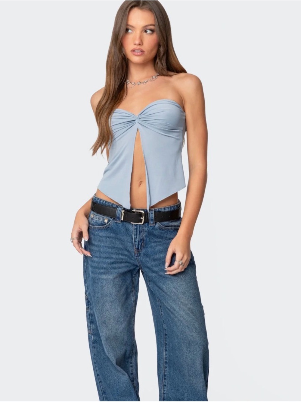 Edikted Light Blue Strapless Twist-Front Crop Top